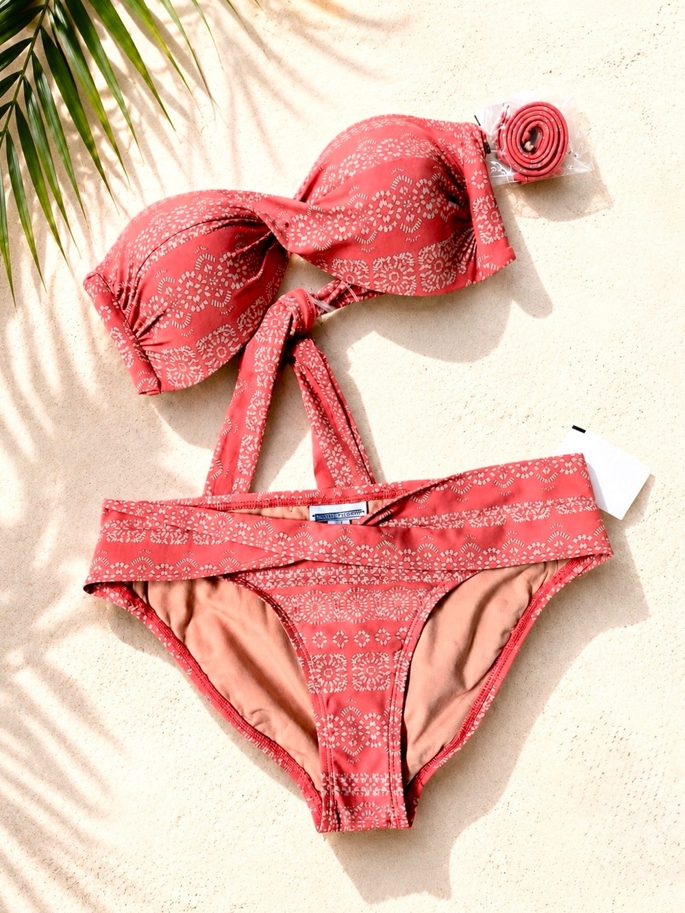 Robin Piccone Isla Bandeau Bikini Set Terracotta Coral Print L NWT Swimsuit